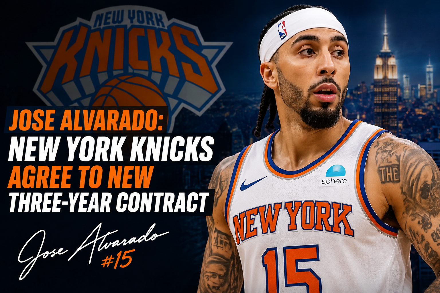 Jose Alvarado in a New York Knicks jersey celebrating his new three-year contract with the team.